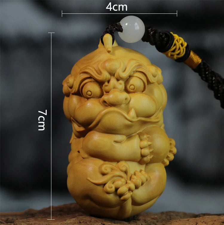 Boxwood 7CM Pixiu Pendant Wood Animal Sculpture Car Hanging God Beast Feng Shui Wood Statue Home Decoration