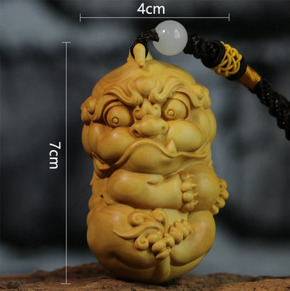 Boxwood 7CM Pixiu Pendant Wood Animal Sculpture Car Hanging God Beast Feng Shui Wood Statue Home Decoration