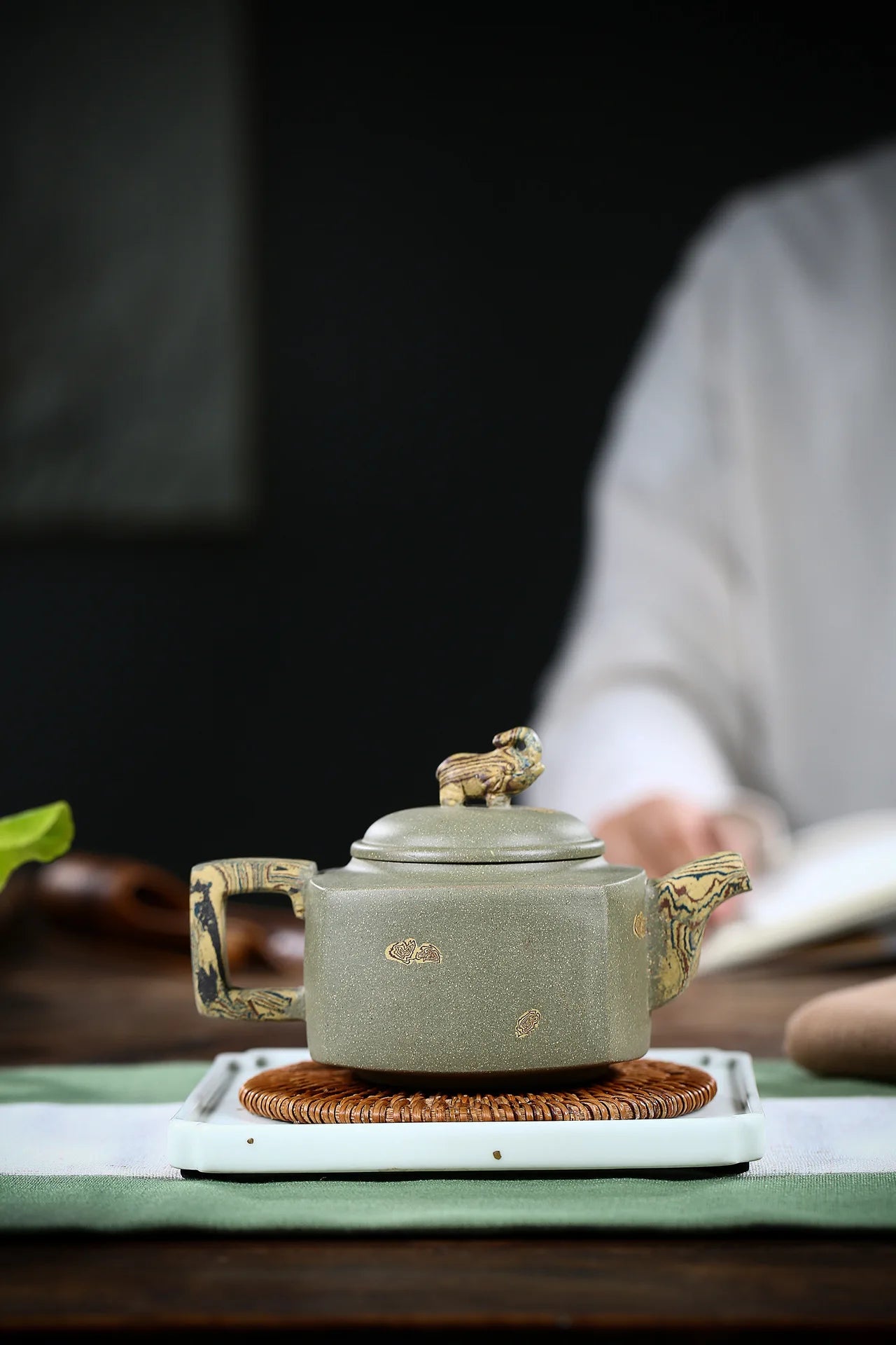 Yixing Purple Clay Tea Set, Raw Ore Green Mud Pot, Lacquer Auspicious, Zisha Drinkware,Kettle, Suit for Green Tea,Dark,Black