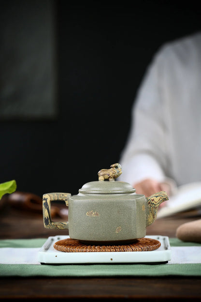 Yixing Purple Clay Tea Set, Raw Ore Green Mud Pot, Lacquer Auspicious, Zisha Drinkware,Kettle, Suit for Green Tea,Dark,Black