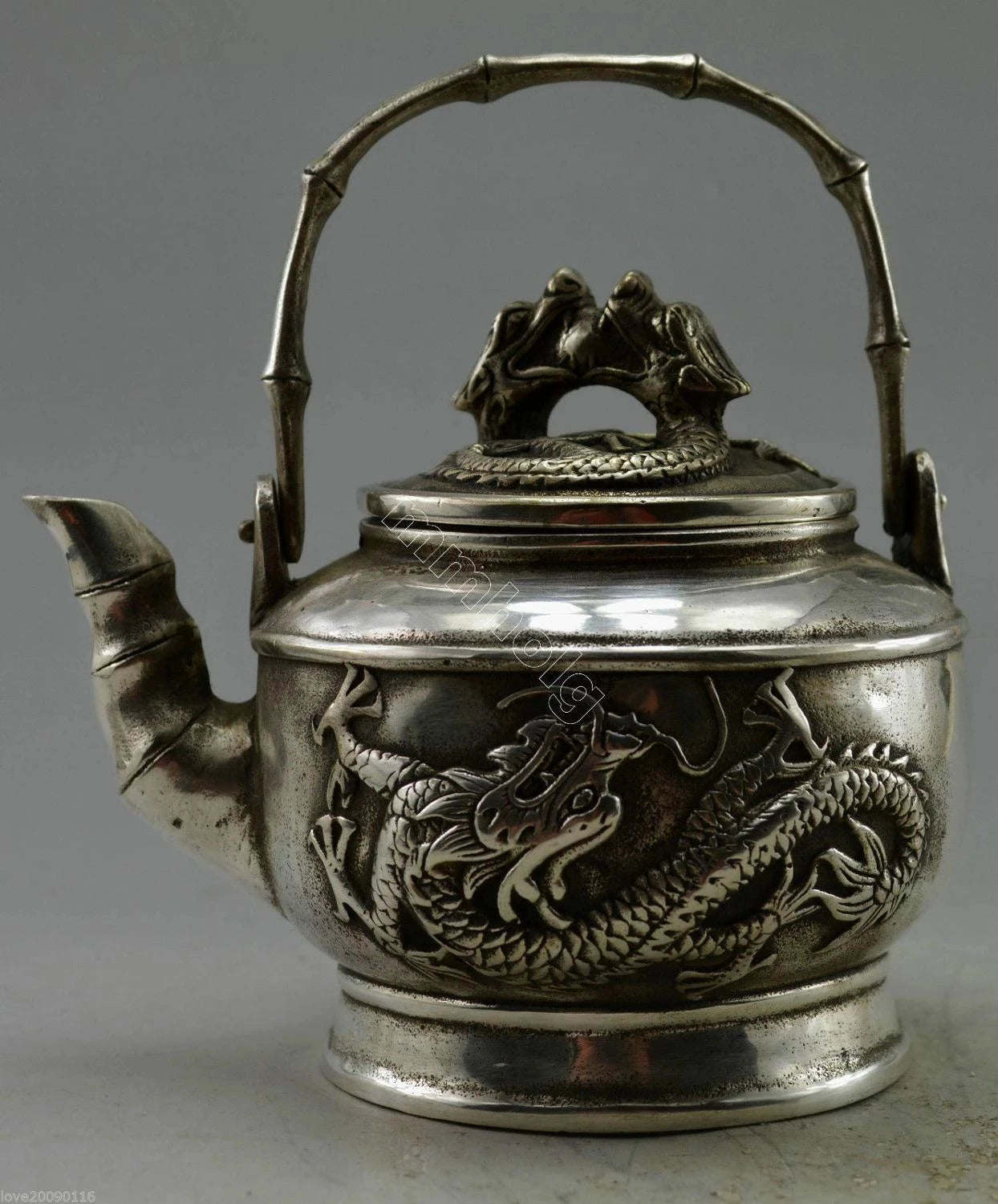 Collectible Decor Old Handwork Miao Silver Carved Dragon Bamboo TeaPot