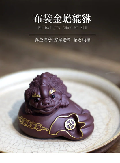 Yishuitang Yixing raw ore purple sand tea sculpture ornament tea playing with old purple clay gold cloth bag gold toad