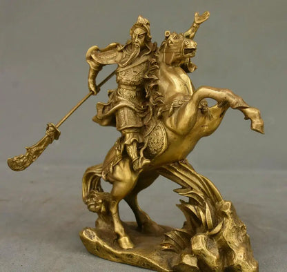 8" Collect Chinese Brass Dragon Warrior Guan Gong Guan Yu God Ride Horse Statue
