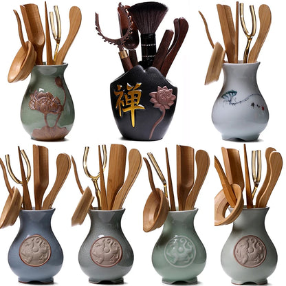 Heat Insulation Bamboo Tray, Tea Cup Pad, Tea Holder, Kungfu Accessories, Tea Ceremony, Six Gentlemen, Clip, Teaspoon