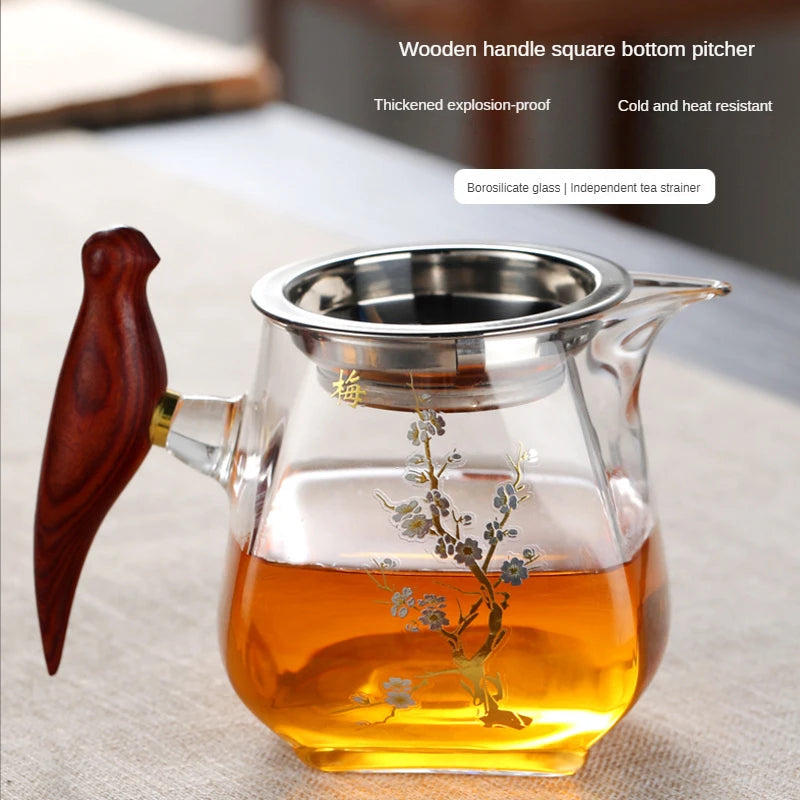 Heat-resistant Glass Gongdao Pot With Thick Wooden Handle Infuser Teapot for Tea in a Cup Tea Strainer Integrated Set Kettle Bar