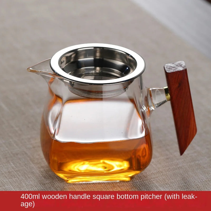 Heat-resistant Glass Gongdao Pot With Thick Wooden Handle Infuser Teapot for Tea in a Cup Tea Strainer Integrated Set Kettle Bar