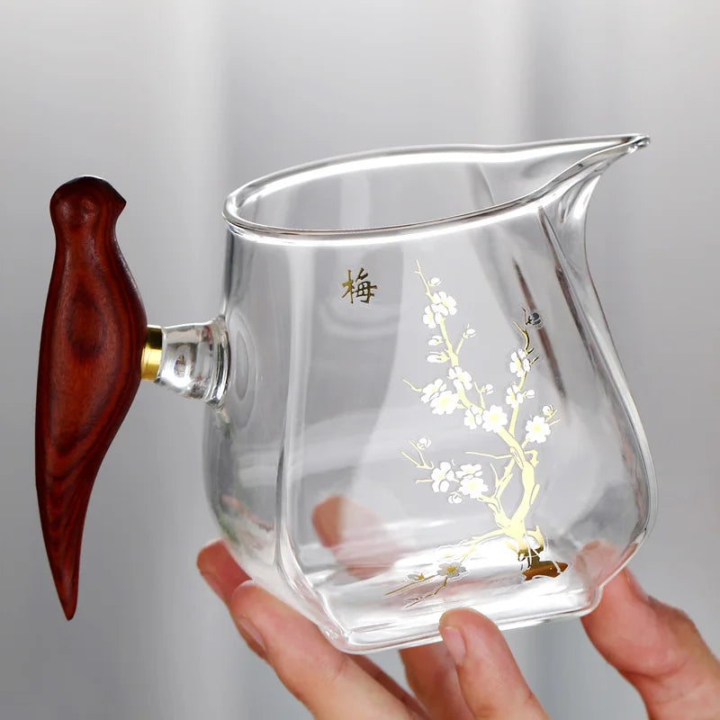 Heat-resistant Glass Gongdao Pot With Thick Wooden Handle Infuser Teapot for Tea in a Cup Tea Strainer Integrated Set Kettle Bar