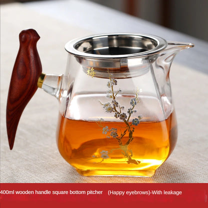 Heat-resistant Glass Gongdao Pot With Thick Wooden Handle Infuser Teapot for Tea in a Cup Tea Strainer Integrated Set Kettle Bar