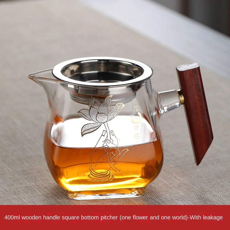Heat-resistant Glass Gongdao Pot With Thick Wooden Handle Infuser Teapot for Tea in a Cup Tea Strainer Integrated Set Kettle Bar