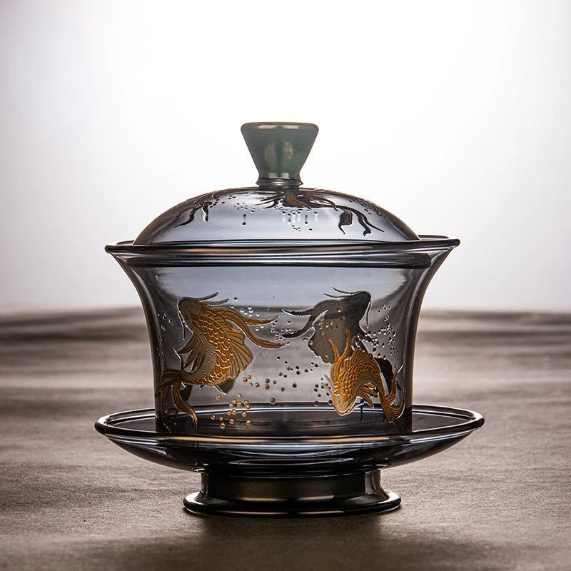 Heat-resistant Glass Tea Tureen Soot Gold and Silver Burning Thickened Gaiwan Tea Cup Fair Cup Tea Leak Kung Fu Tea Set 9 Pcs