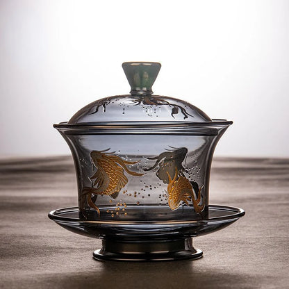 Heat-resistant Glass Tea Tureen Soot Gold and Silver Burning Thickened Gaiwan Tea Cup Fair Cup Tea Leak Kung Fu Tea Set 9 Pcs