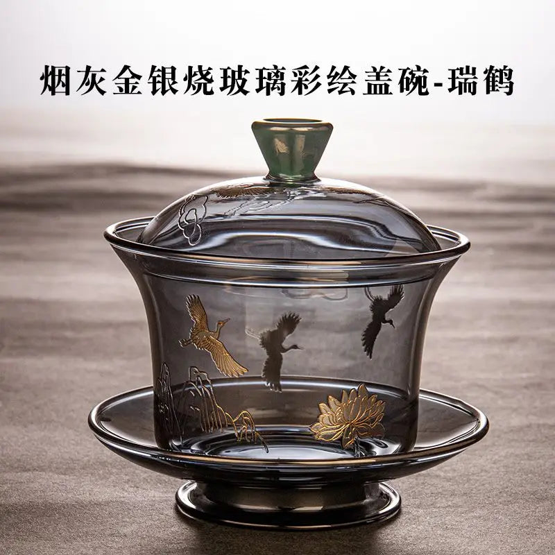 Heat-resistant Glass Tea Tureen Soot Gold and Silver Burning Thickened Gaiwan Tea Cup Fair Cup Tea Leak Kung Fu Tea Set 9 Pcs