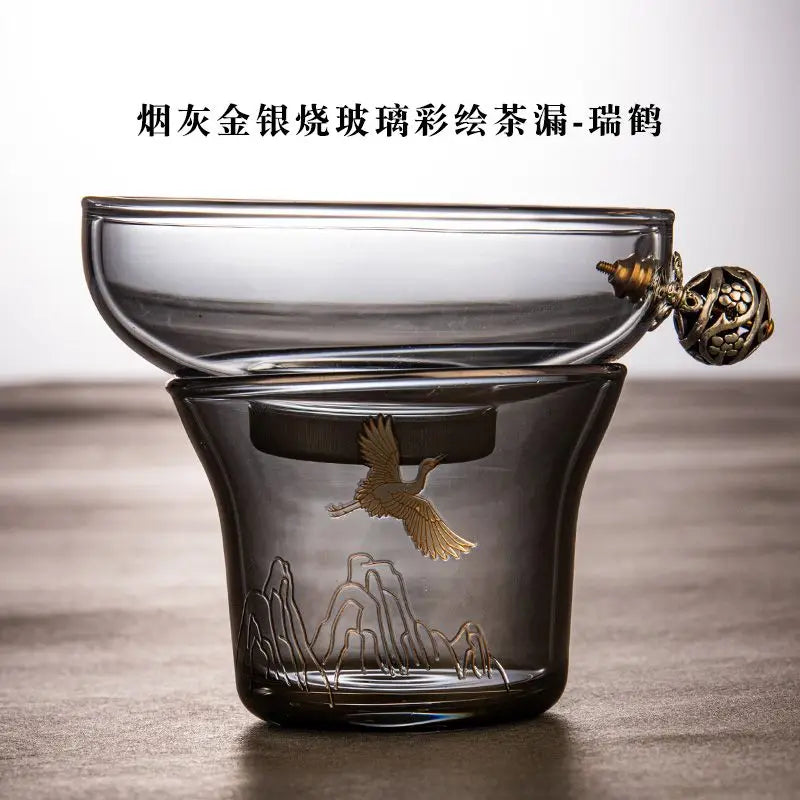 Heat-resistant Glass Tea Tureen Soot Gold and Silver Burning Thickened Gaiwan Tea Cup Fair Cup Tea Leak Kung Fu Tea Set 9 Pcs