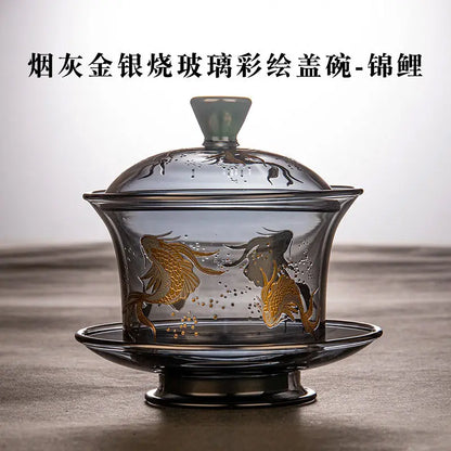 Heat-resistant Glass Tea Tureen Soot Gold and Silver Burning Thickened Gaiwan Tea Cup Fair Cup Tea Leak Kung Fu Tea Set 9 Pcs