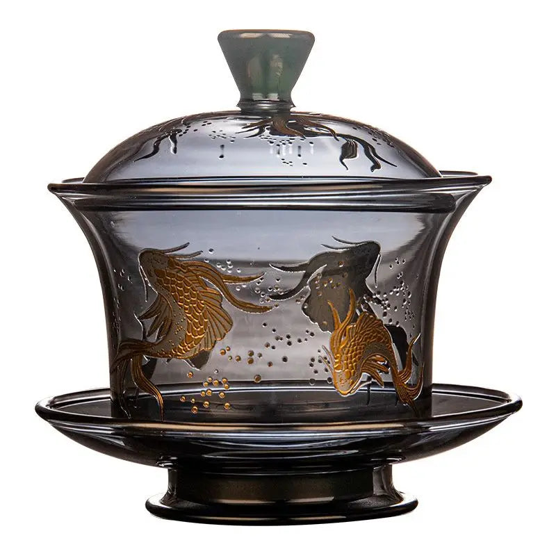 Heat-resistant Glass Tea Tureen Soot Gold and Silver Burning Thickened Gaiwan Tea Cup Fair Cup Tea Leak Kung Fu Tea Set 9 Pcs