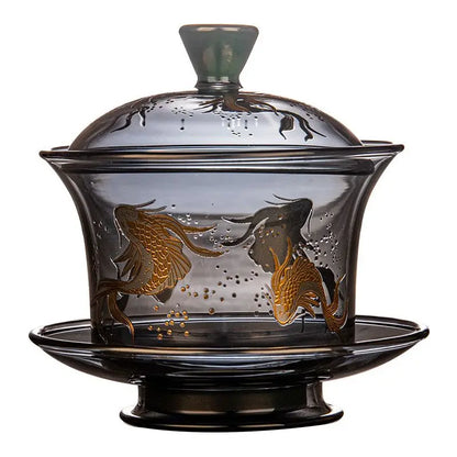 Heat-resistant Glass Tea Tureen Soot Gold and Silver Burning Thickened Gaiwan Tea Cup Fair Cup Tea Leak Kung Fu Tea Set 9 Pcs