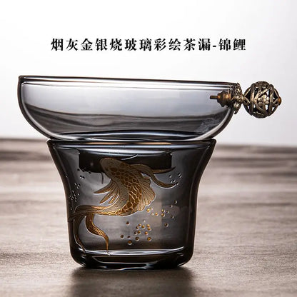 Heat-resistant Glass Tea Tureen Soot Gold and Silver Burning Thickened Gaiwan Tea Cup Fair Cup Tea Leak Kung Fu Tea Set 9 Pcs