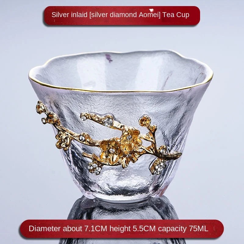 Heat-resistant Glass Teacup Inlaid with Silver Tea Cup Chinese Kung Fu Tea Set Thickened Master Cup Outline In Gold Tea Bowl