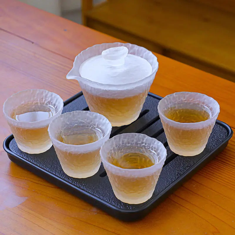 Heat-resistant Glass Teaware Set with Frosted Finish Japanese Style Gongfu Teacups and Simple Tea Brewing Tools