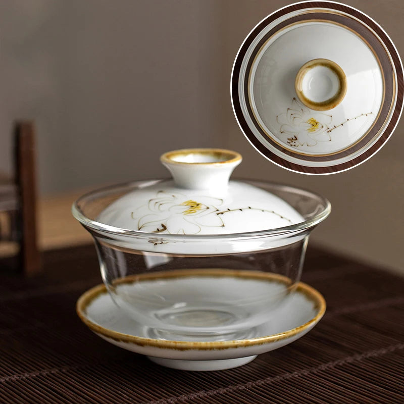 Heat-resistant glass Tea Gaiwan Teacup Handmade Ceramics Tea tureen Chinese Tea set Accessories Tea Ceremony Drinkware 140ml
