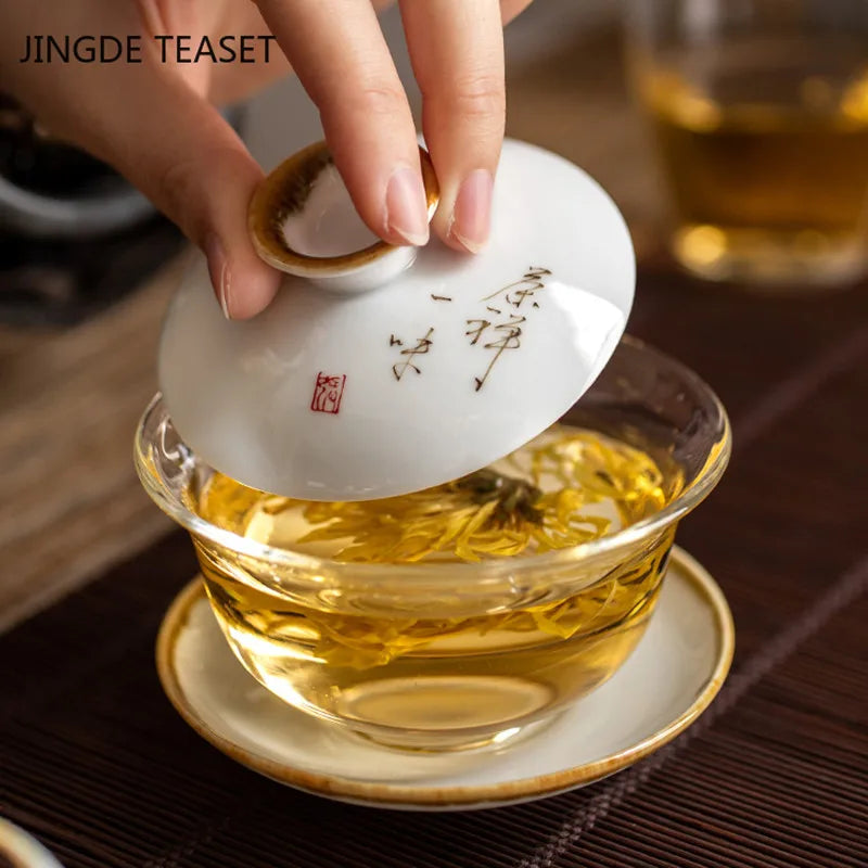 Heat-resistant glass Tea Gaiwan Teacup Handmade Ceramics Tea tureen Chinese Tea set Accessories Tea Ceremony Drinkware 140ml