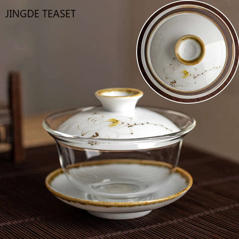 Heat-resistant glass Tea Gaiwan Teacup Handmade Ceramics Tea tureen Chinese Tea set Accessories Tea Ceremony Drinkware 140ml