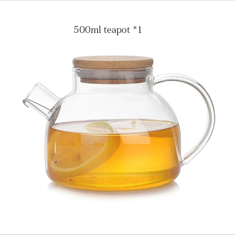 Heat-resistant transparent glass teapot Leak-proof coffee pot with bamboo lid Household Kung Fu Tea Pot Can be heated 500ml