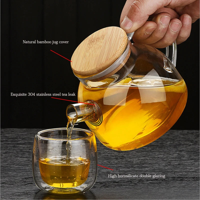 Heat-resistant transparent glass teapot Leak-proof coffee pot with bamboo lid Household Kung Fu Tea Pot Can be heated 500ml