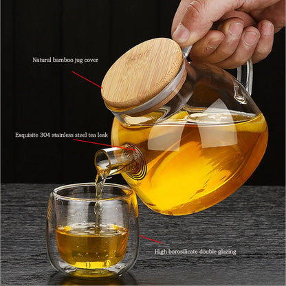 Heat-resistant transparent glass teapot Leak-proof coffee pot with bamboo lid Household Kung Fu Tea Pot Can be heated 500ml