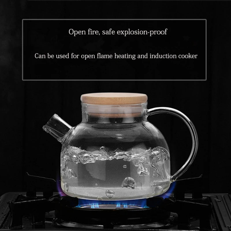 Heat-resistant transparent glass teapot Leak-proof coffee pot with bamboo lid Household Kung Fu Tea Pot Can be heated 500ml