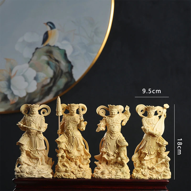 4pcs 18CM Cypress Wood Boxwood 14CM Caturmaharajakayikas Buddha Sculpture Four Kings Wood Carving Statue Feng Shui Home Decor