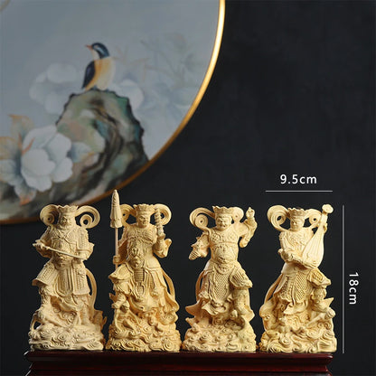 4pcs 18CM Cypress Wood Boxwood 14CM Caturmaharajakayikas Buddha Sculpture Four Kings Wood Carving Statue Feng Shui Home Decor
