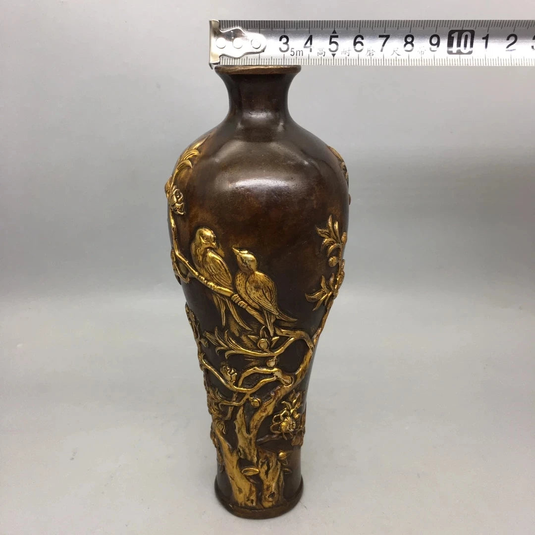 Height 22CM!!! Collection 1 Piece Chinese Old Copper Handmade Gilt Gold Bird Vase,High Quality Home Art Decoration Metal Crafts