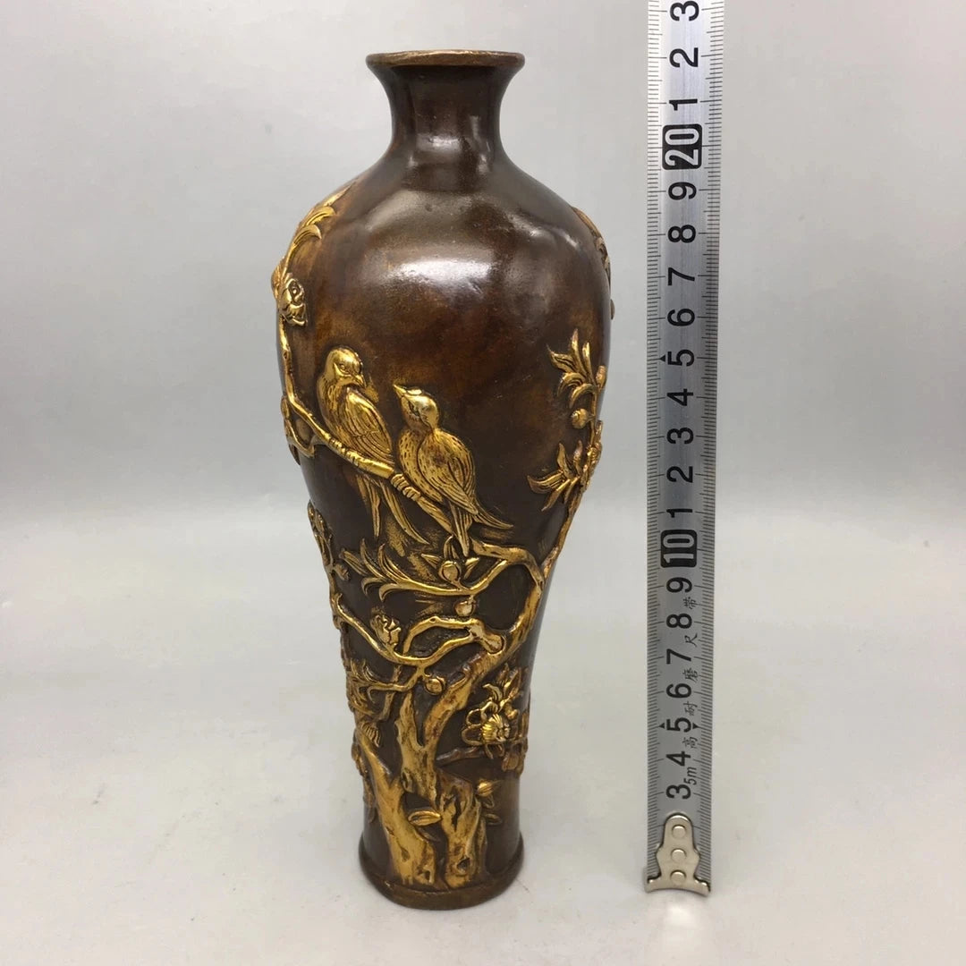 Height 22CM!!! Collection 1 Piece Chinese Old Copper Handmade Gilt Gold Bird Vase,High Quality Home Art Decoration Metal Crafts