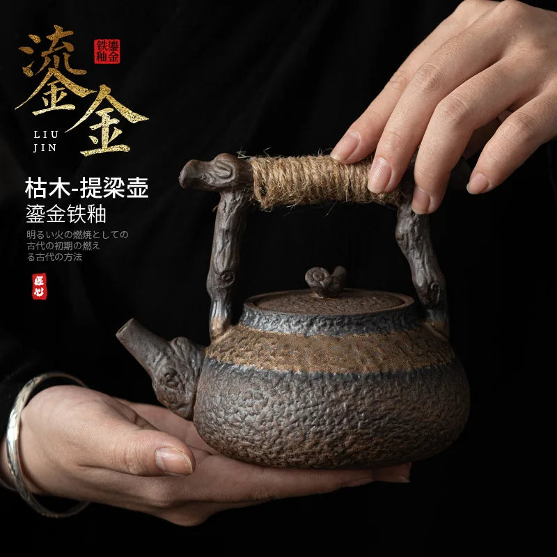Hemp Rope Handle Dried Wood Loop-Handled Teapot Japanese Gilding Iron Glaze Teapot Small Size Teapot Tea Maker Tea Kettle