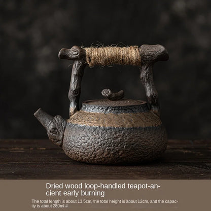 Hemp Rope Handle Dried Wood Loop-Handled Teapot Japanese Gilding Iron Glaze Teapot Small Size Teapot Tea Maker Tea Kettle