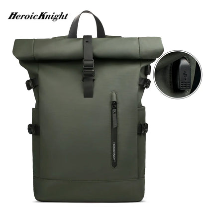 Heroic Knight Backpack Men Rolltop Waterproof Big Capacity Travel Backpack with USB Port Man 15.6" Laptop Green School Backpack