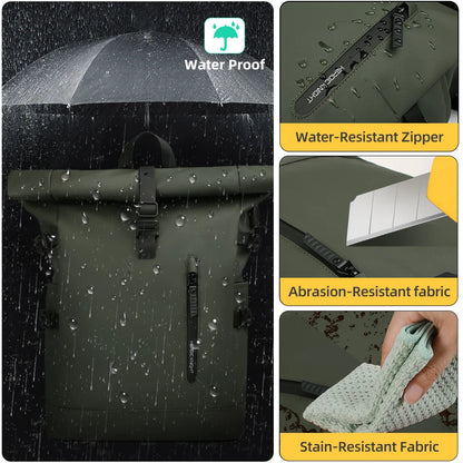 Heroic Knight Backpack Men Rolltop Waterproof Big Capacity Travel Backpack with USB Port Man 15.6" Laptop Green School Backpack