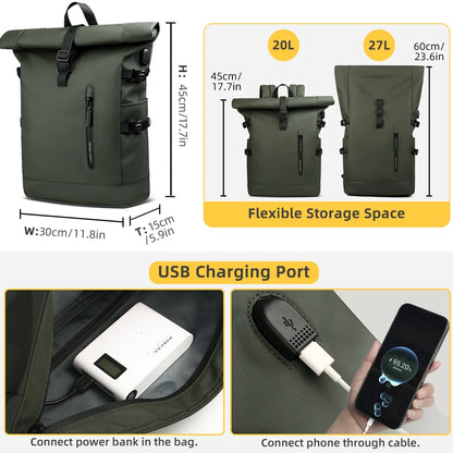 Heroic Knight Backpack Men Rolltop Waterproof Big Capacity Travel Backpack with USB Port Man 15.6" Laptop Green School Backpack