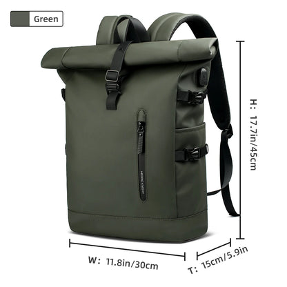 Heroic Knight Backpack Men Rolltop Waterproof Big Capacity Travel Backpack with USB Port Man 15.6" Laptop Green School Backpack