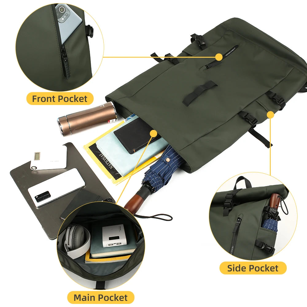 Heroic Knight Backpack Men Rolltop Waterproof Big Capacity Travel Backpack with USB Port Man 15.6" Laptop Green School Backpack