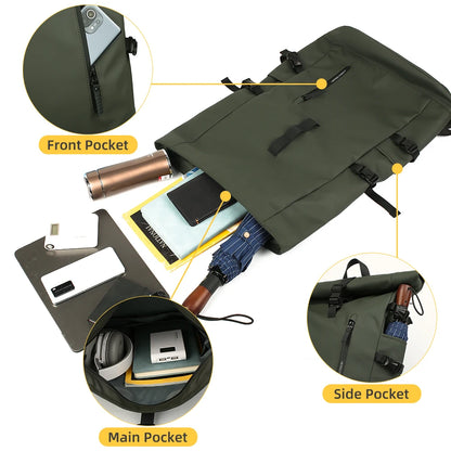 Heroic Knight Backpack Men Rolltop Waterproof Big Capacity Travel Backpack with USB Port Man 15.6" Laptop Green School Backpack