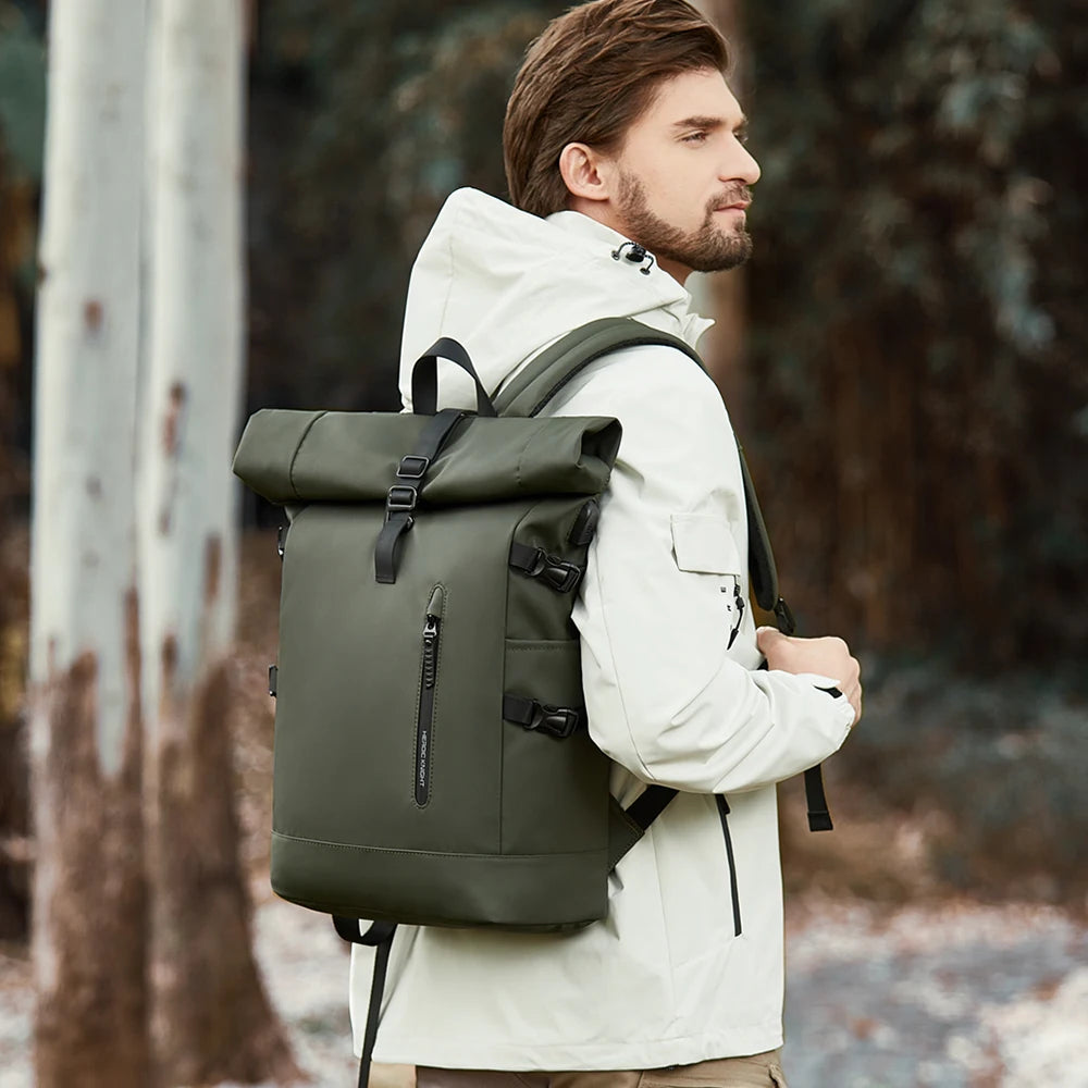 Heroic Knight Backpack Men Rolltop Waterproof Big Capacity Travel Backpack with USB Port Man 15.6" Laptop Green School Backpack