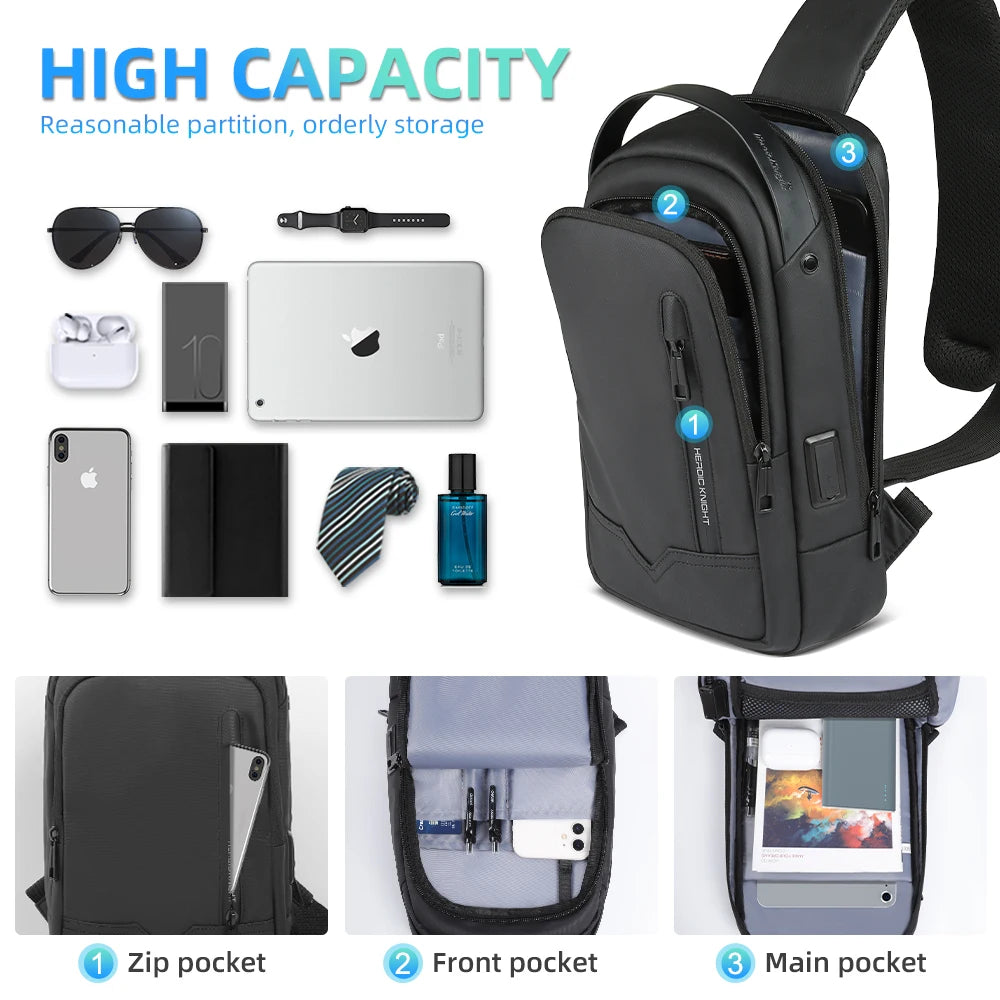 Heroic Knight Crossbody Chest Bag Waterproof Men Shoulder Bag for 11" Ipad Casual Stylish Man Work Messenger Phone Pack with USB