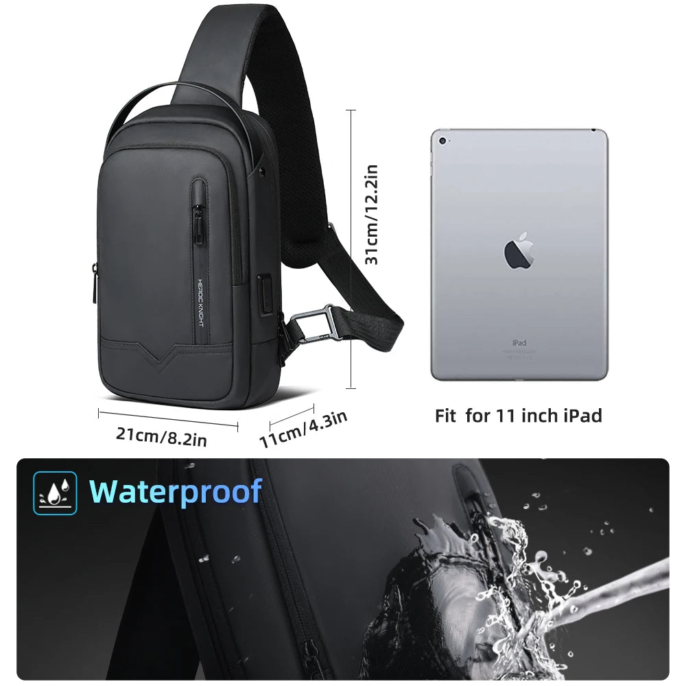 Heroic Knight Crossbody Chest Bag Waterproof Men Shoulder Bag for 11" Ipad Casual Stylish Man Work Messenger Phone Pack with USB
