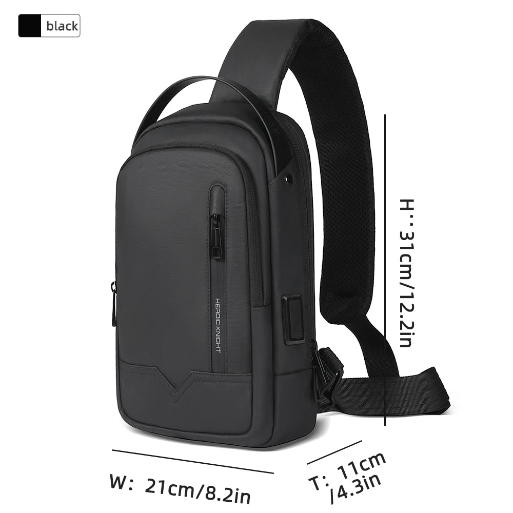 Heroic Knight Crossbody Chest Bag Waterproof Men Shoulder Bag for 11" Ipad Casual Stylish Man Work Messenger Phone Pack with USB