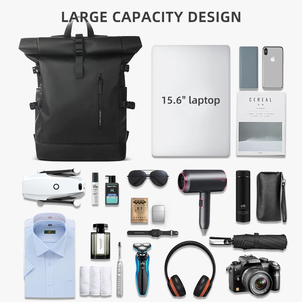 Heroic Knight Men's backpack Waterproof Roll Top Backpack Women Travel Expandable USB Charging Large Capacity Laptop Bag Mochila