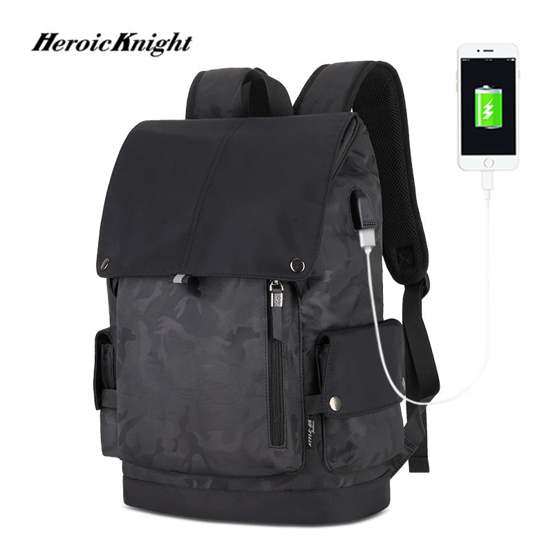 Heroic Knight New Fashion Men Backpack Waterproof Laptop Backpack Large Capacity Backpack USB Charging Outdoor Travel Mochilas