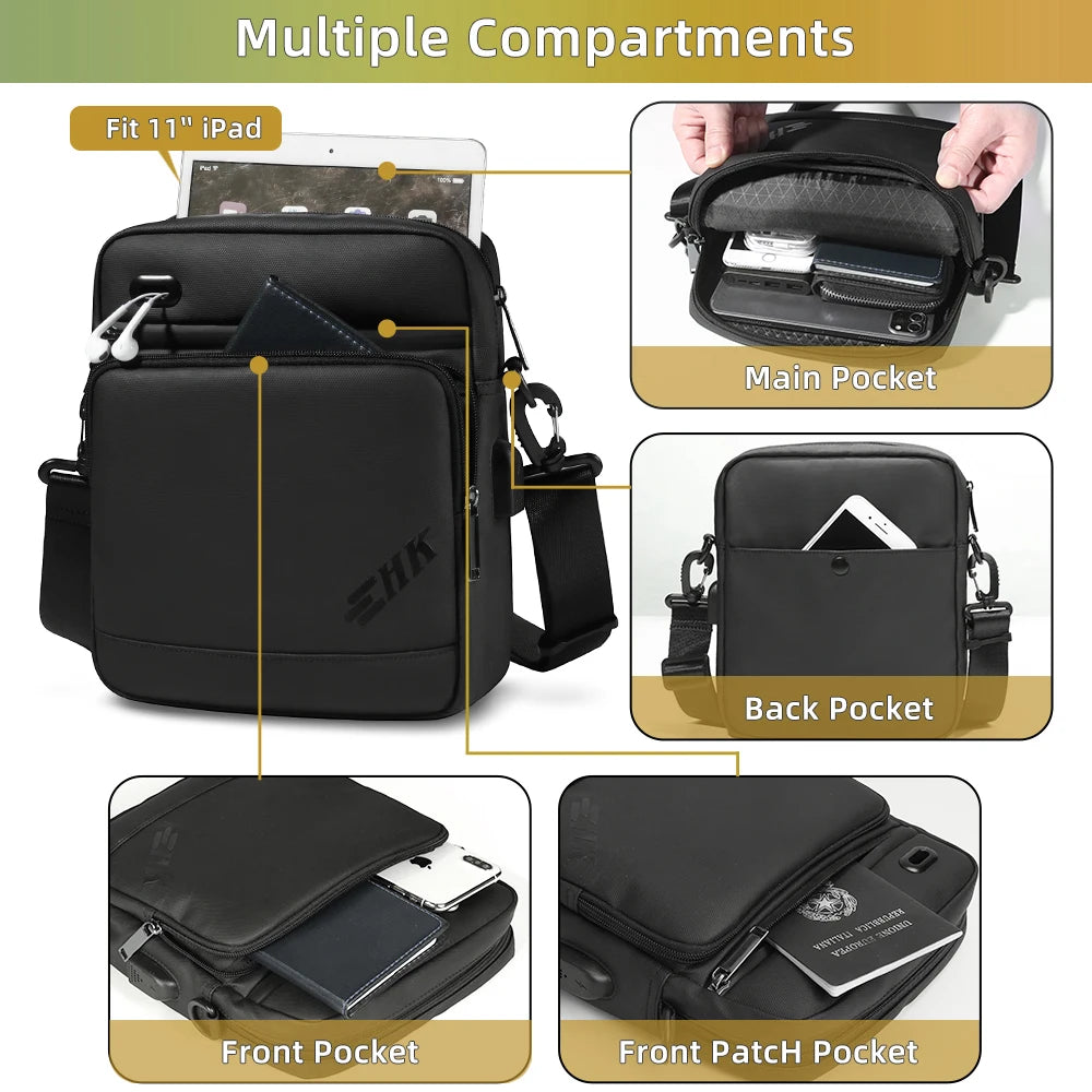 Heroic Knight Sling Crossbody Bag Men for 11" Ipad Waterproof Man Phone Bag Luxury Casual Outdoor Travel Messenger Bags with USB