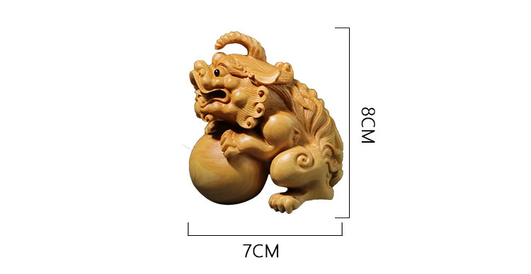 Boxwood 8CM Pixiu Sculpture Wood Carving Chinese Unicorn God Beast Statue Lucky Home Decor